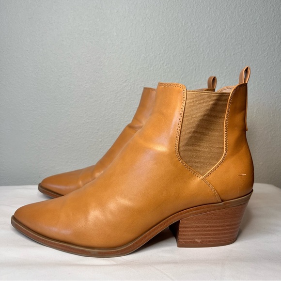 Tan Pointed Toe Chelsea Ankle Boots Faux Leather Block Heel Booties Size 9 - Picture 7 of 13